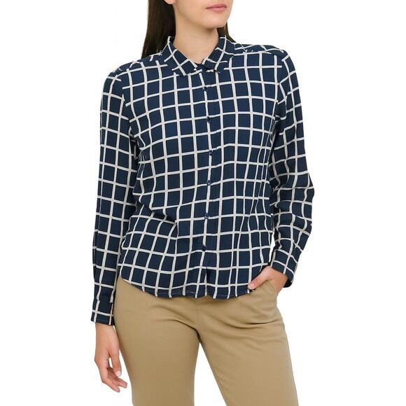 Tommy Hilfiger Navy Blue Grid Block Checkered Button Down Shirt Women's Small - Picture 1 of 6
